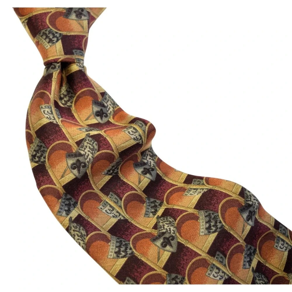 Ermenegildo Zegna Silk Tie Men's Italy Geometric Royal Crest Shield Gold Orange